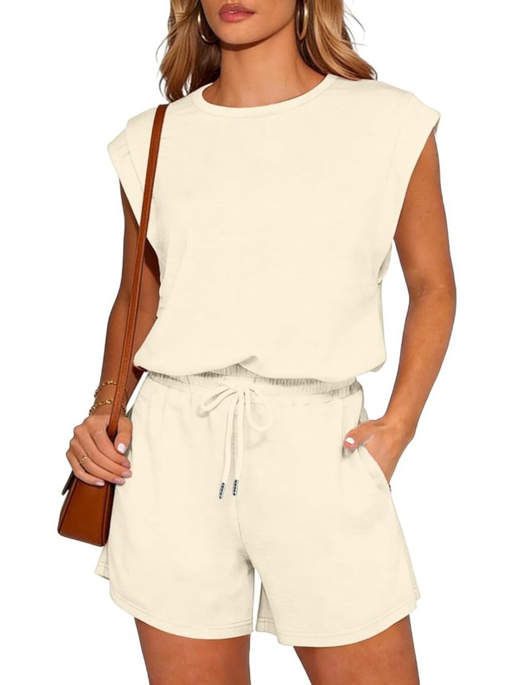 Women's Beige Summer Cap Sleeve Adjustable Drawstring Imported Petite Romper